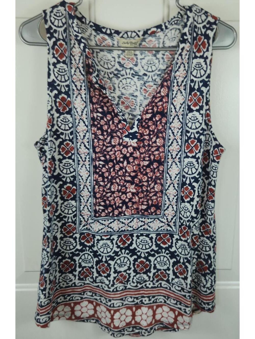 Lucky Brand Women's Blue Red White Floral Sleeveless V-Neck Tunic Blouse Size M
